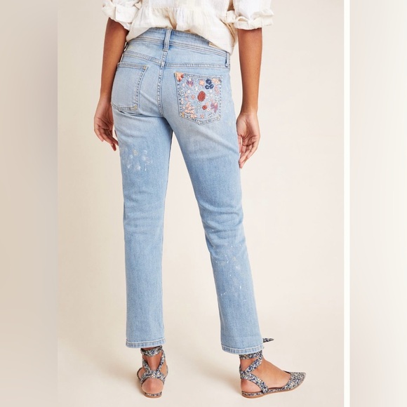 New Pilcro mid-rise paint splattered straight leg boyfriend jeans embroidered - Picture 4 of 9